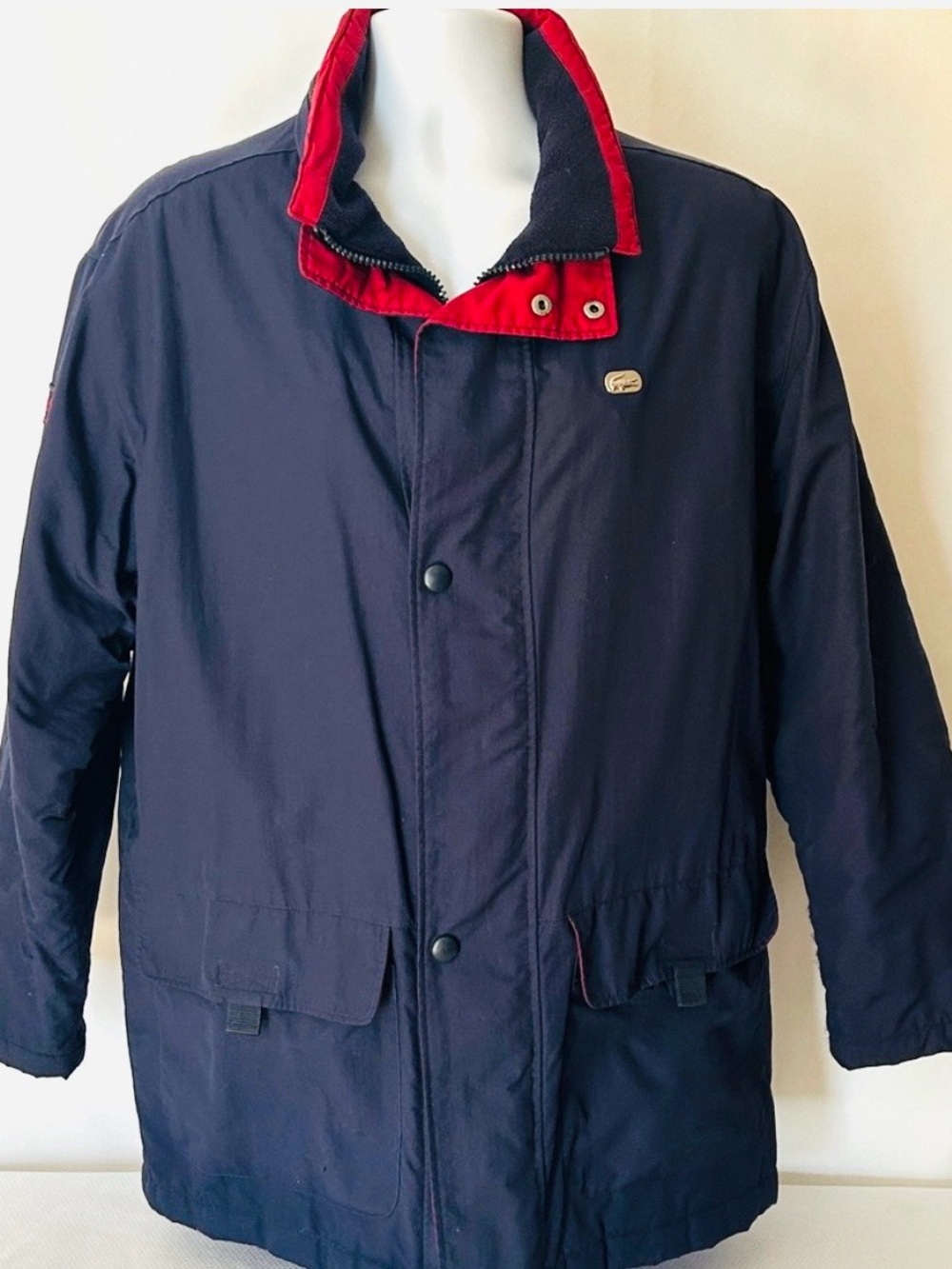 Lacoste Men’s Size 42 US Large Mid Length Coat Blue Red Waterproof Jacket